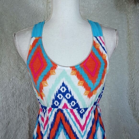 JUST ME TURQUOISE PINK, ORANGE, WHITE, & BLUE MAXI DRESS SZ.S EUC - Picture 3 of 9